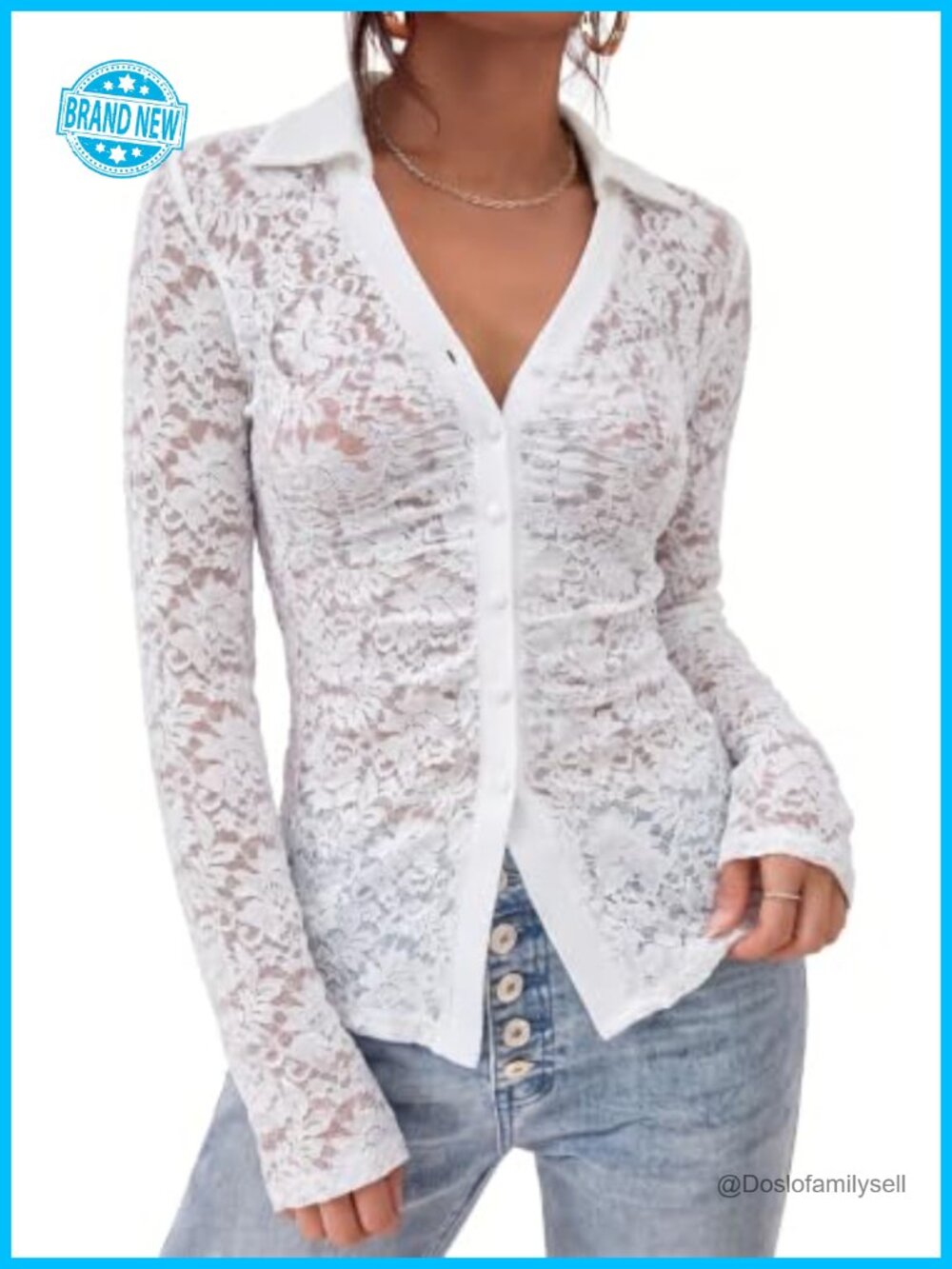 Sheer Lace Button Down Blouse Flared Sleeve Going Out Top